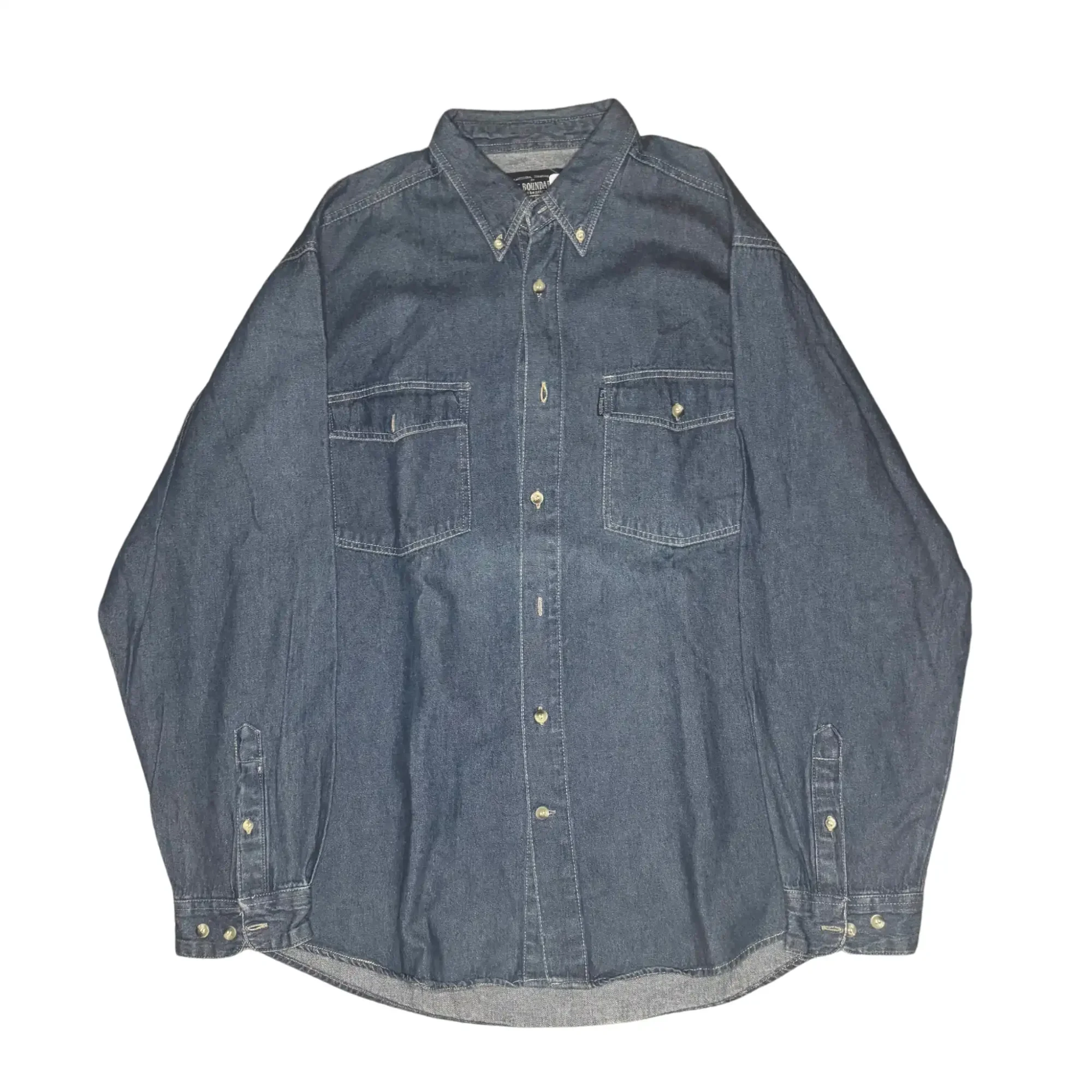 blue boundaries long sleeve jean button up shirt
